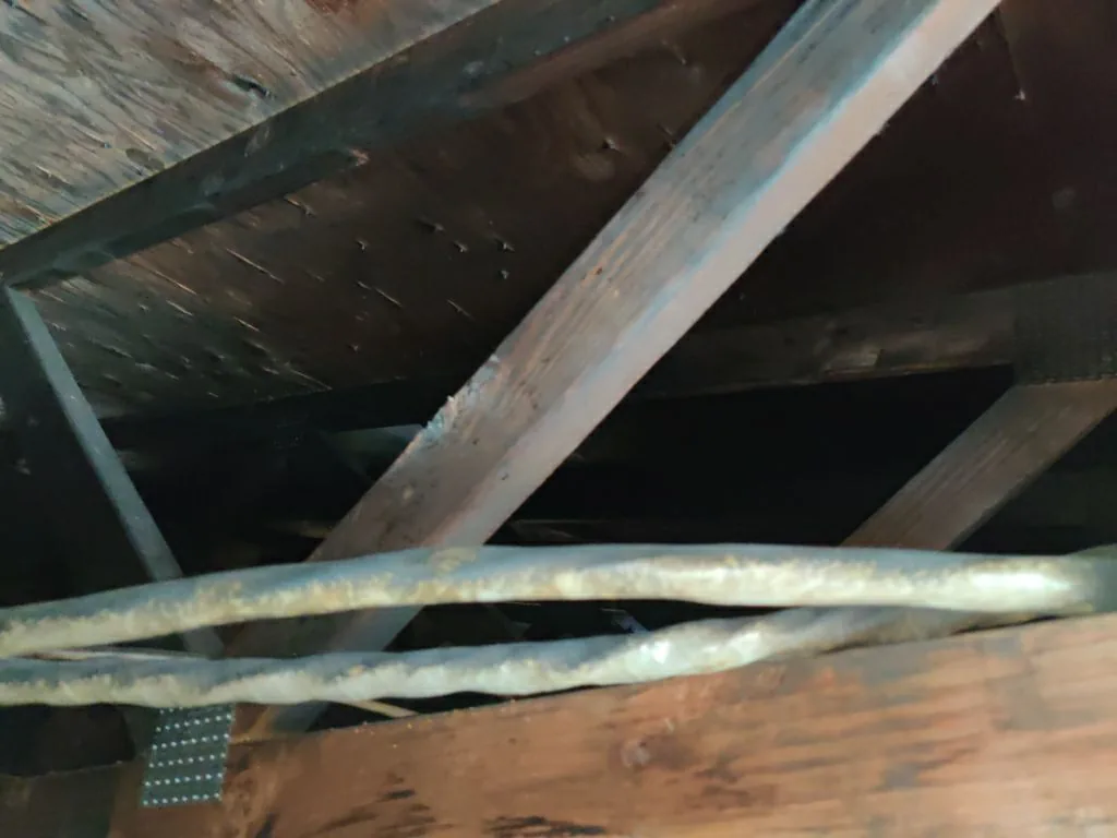 Charred Trusses Roof Framing Hvac Soot from Hemet apartment fire smoke damage restoration documentation - photo 1 of 180