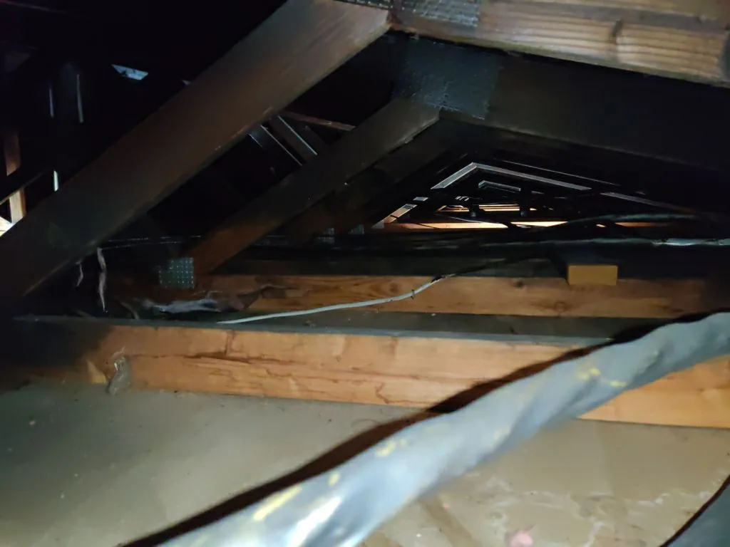 Charred Trusses Roof Framing Hvac Soot from Hemet apartment fire smoke damage restoration documentation - photo 3 of 180
