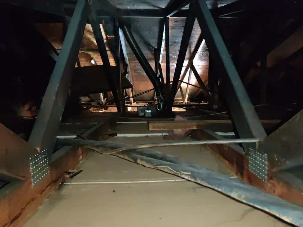 Charred Trusses Roof Framing Hvac Soot from Hemet apartment fire smoke damage restoration documentation - photo 4 of 180