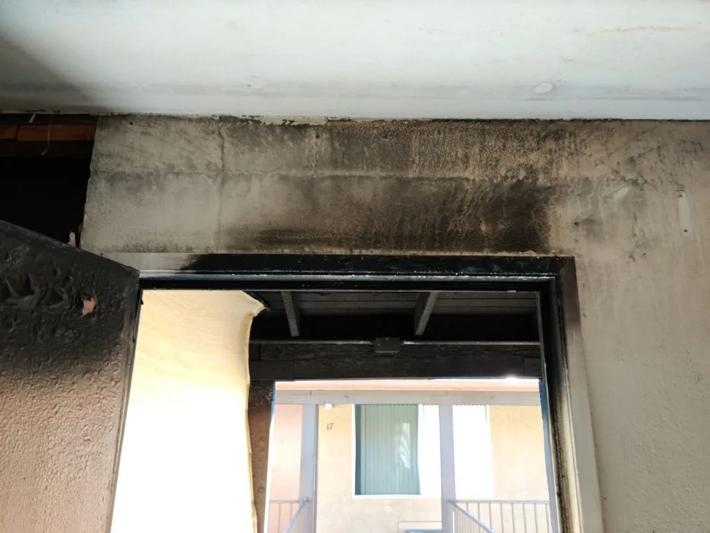 Attic Fire Damage Charred Trusses Roof Framing HVAC Soot from Hemet apartment fire smoke damage restoration documentation - photo 101 of 180