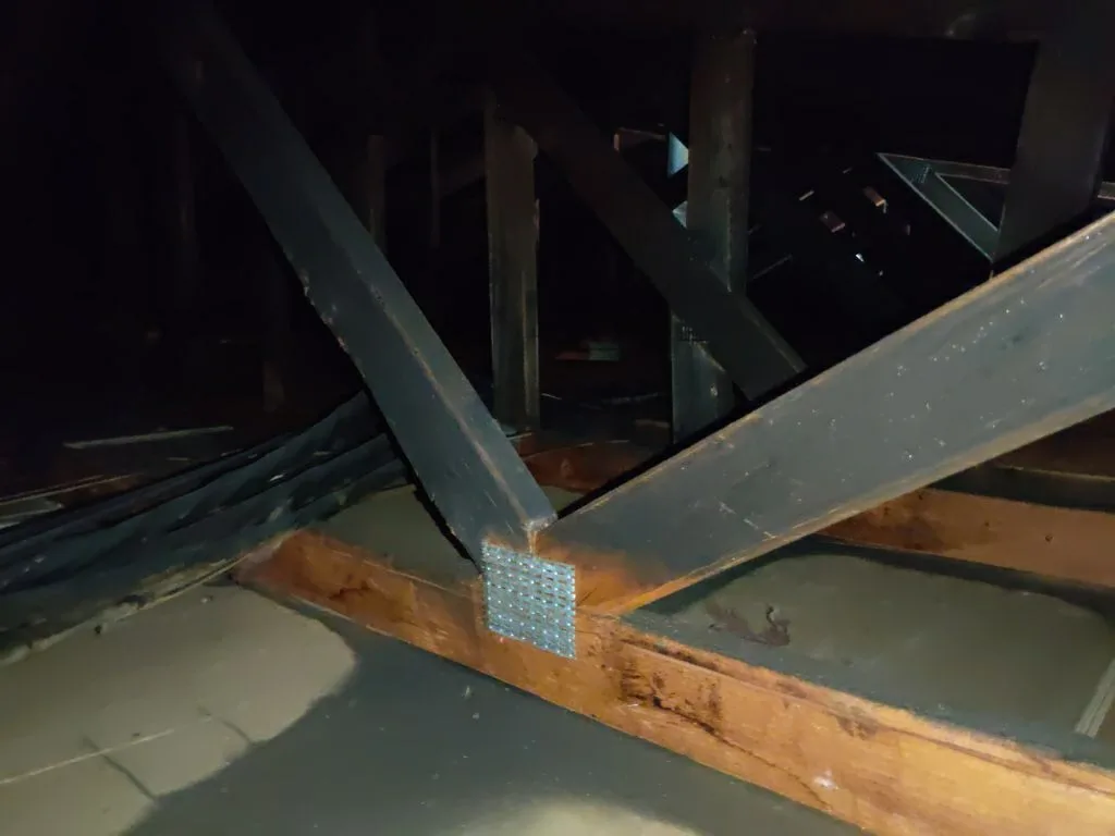 Structural Attic Transition Electrical Box Charred Trusses from Hemet apartment fire smoke damage restoration documentation - photo 107 of 180
