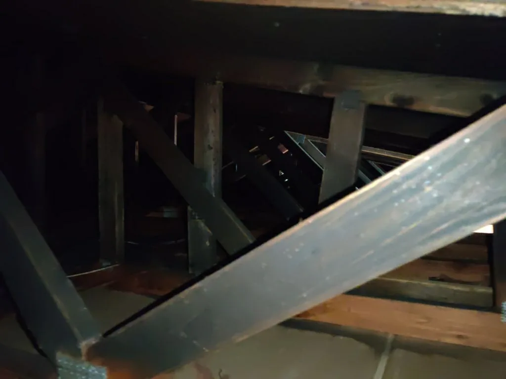 Structural Attic Transition Electrical Box Charred Trusses from Hemet apartment fire smoke damage restoration documentation - photo 108 of 180