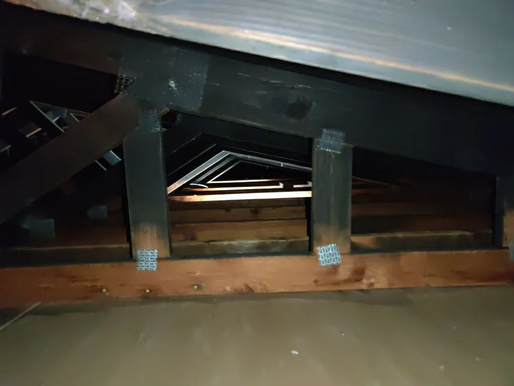 Structural Attic Transition Electrical Box Charred Trusses from Hemet apartment fire smoke damage restoration documentation - photo 109 of 180