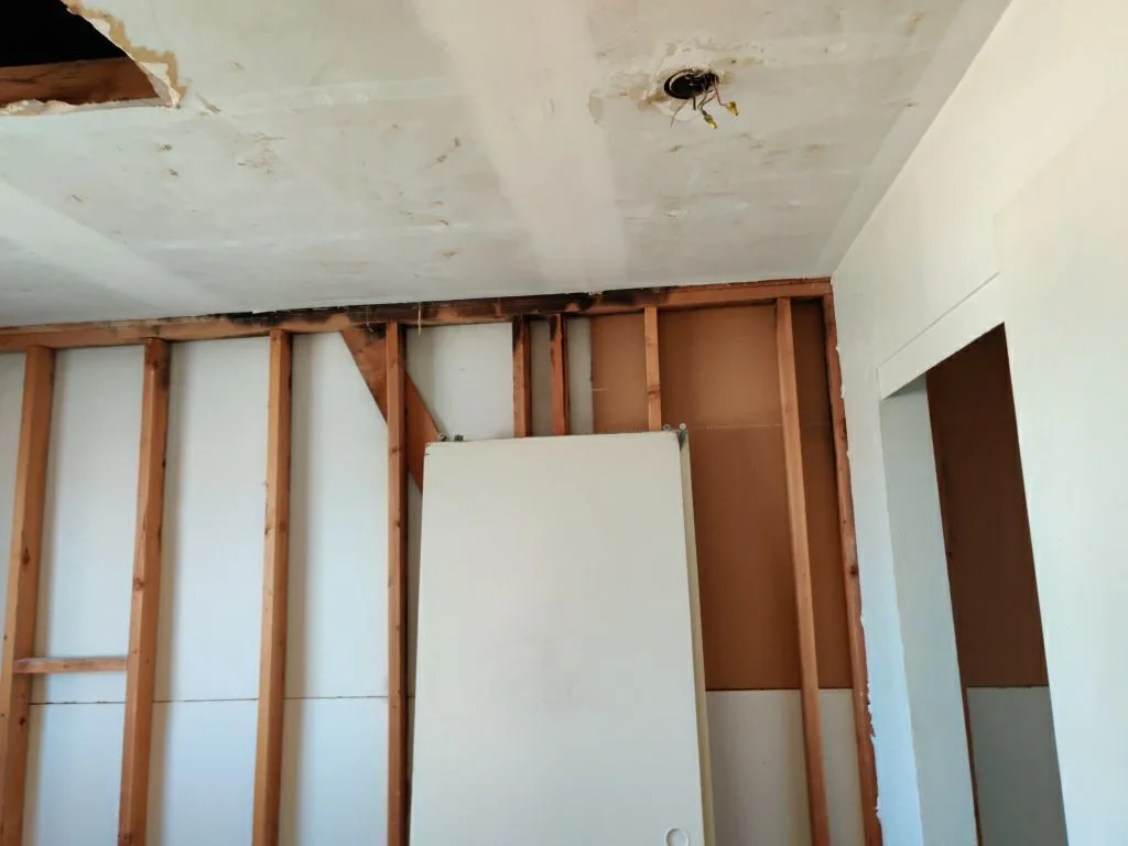 Structural Attic Transition Electrical Box Charred Trusses from Hemet apartment fire smoke damage restoration documentation - photo 112 of 180