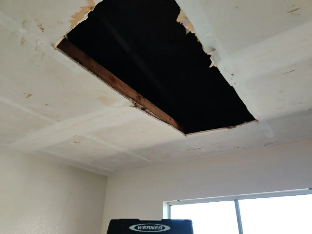 Structural Attic Transition Electrical Box Charred Trusses from Hemet apartment fire smoke damage restoration documentation - photo 114 of 180