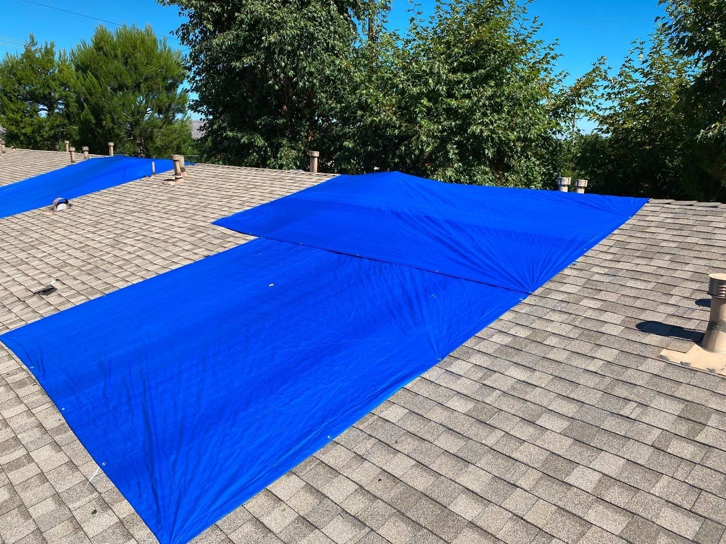Roof Mitigation Blue Tarp Shingle Roof OSB Patch from Hemet apartment fire smoke damage restoration documentation - photo 117 of 180
