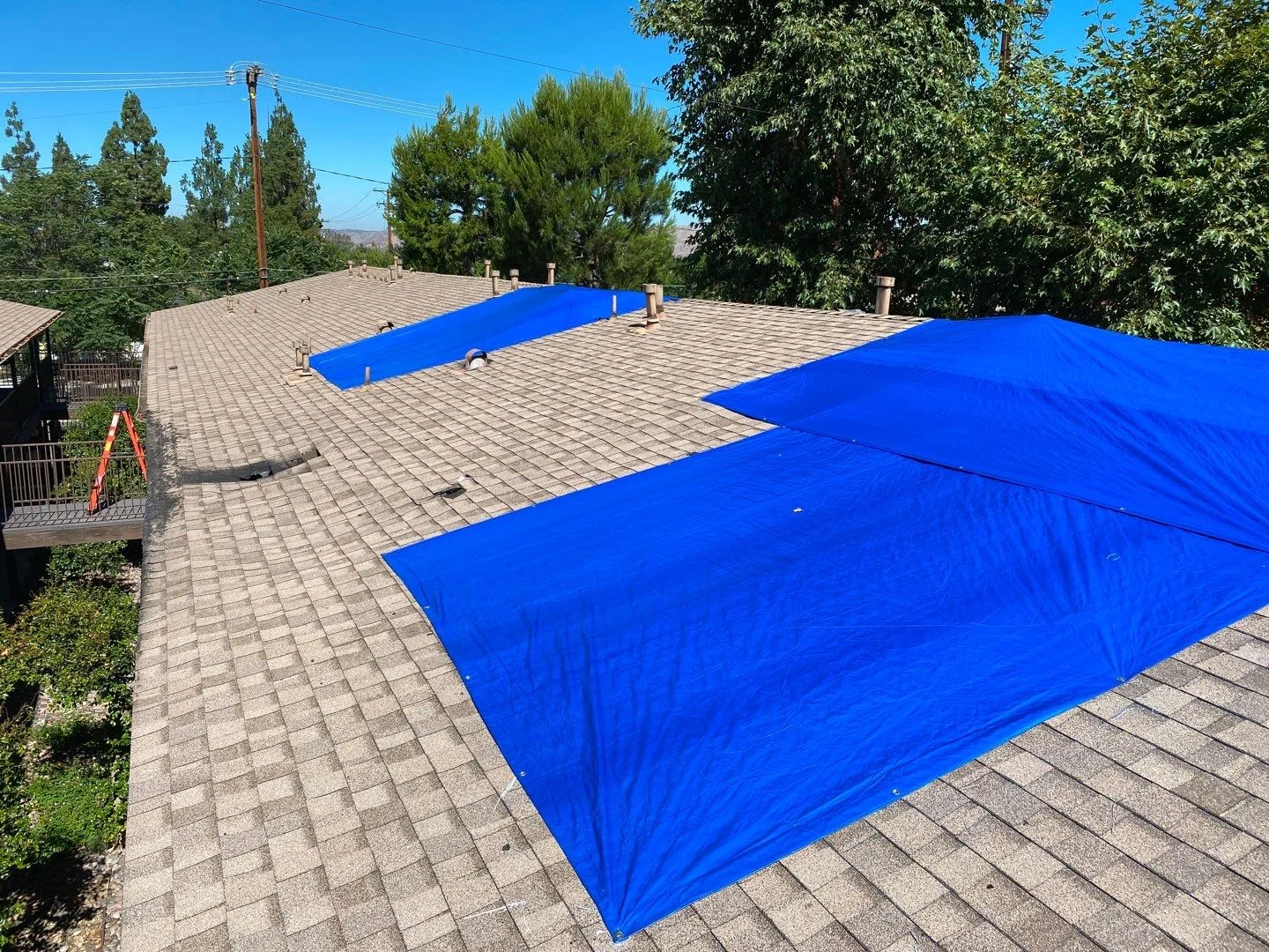 Roof Mitigation Blue Tarp Shingle Roof OSB Patch from Hemet apartment fire smoke damage restoration documentation - photo 118 of 180