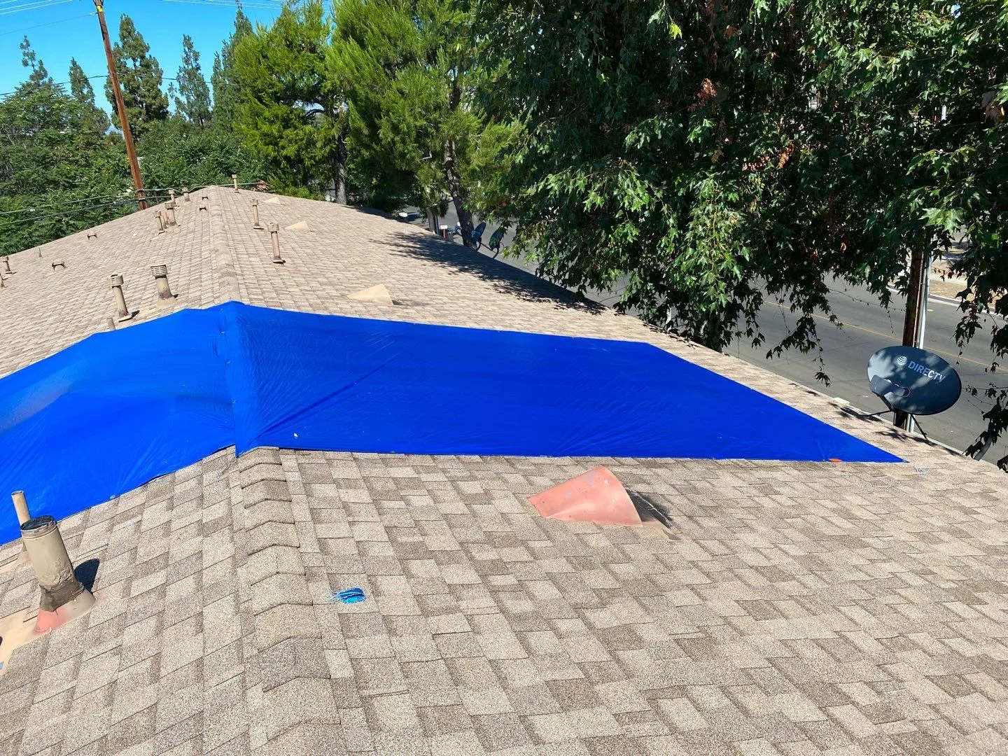 Roof Mitigation Blue Tarp Shingle Roof OSB Patch from Hemet apartment fire smoke damage restoration documentation - photo 120 of 180