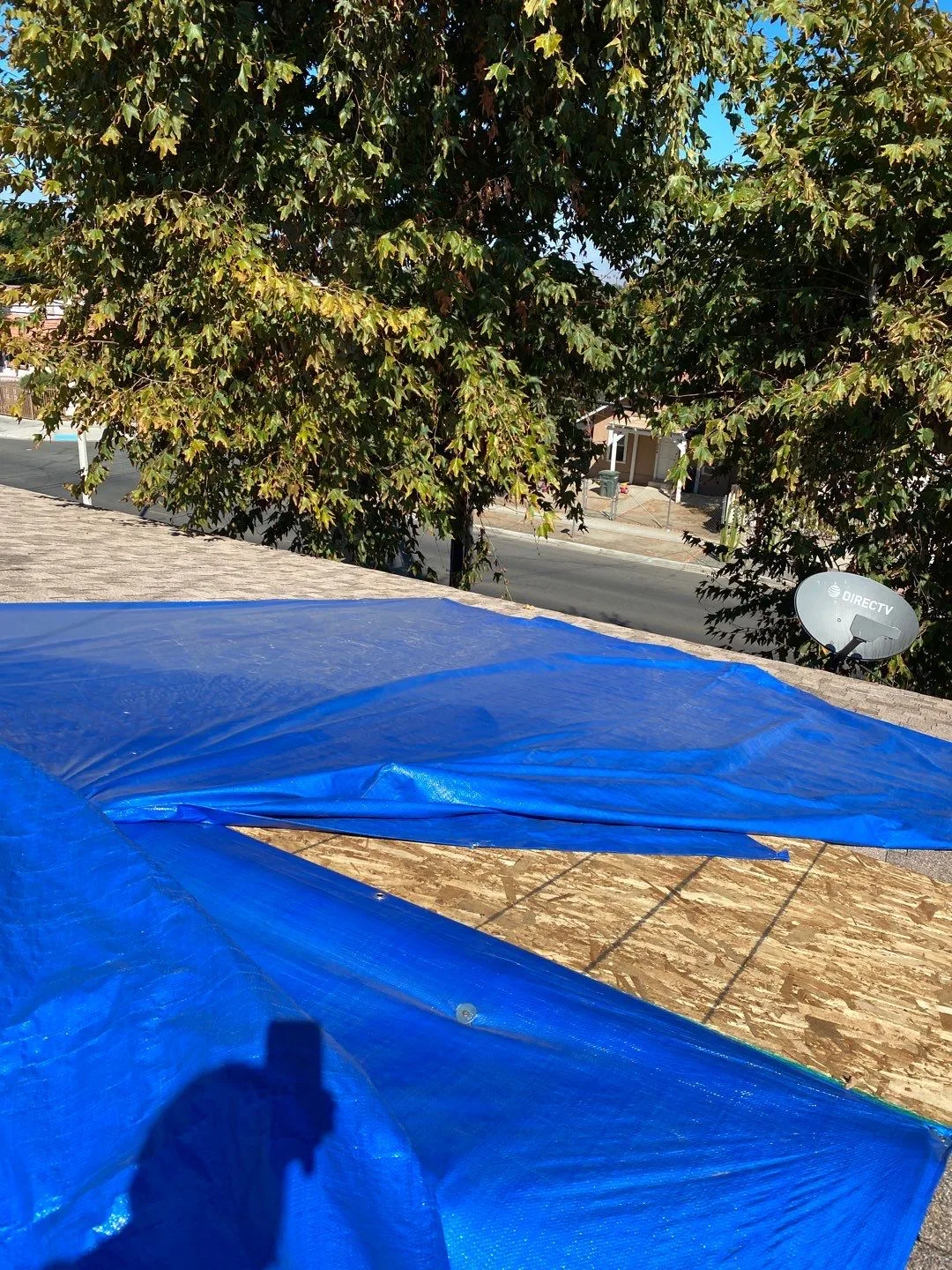 Roof Mitigation Blue Tarp Shingle Roof OSB Patch from Hemet apartment fire smoke damage restoration documentation - photo 125 of 180