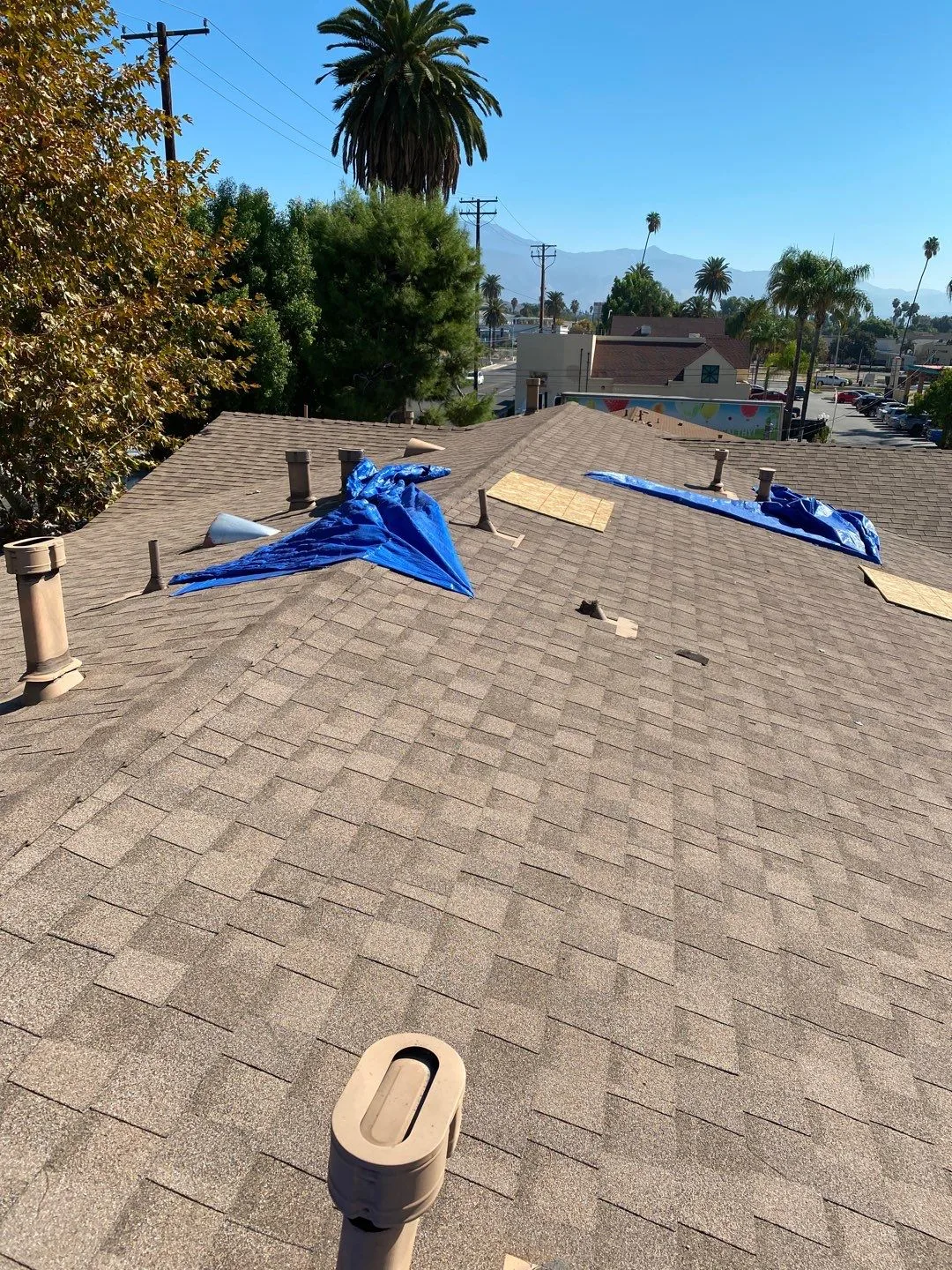 Roof Mitigation Blue Tarp Shingle Roof OSB Patch from Hemet apartment fire smoke damage restoration documentation - photo 126 of 180