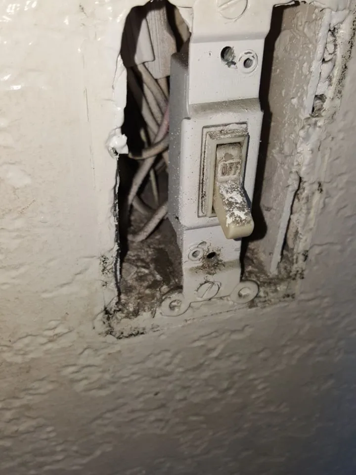 Heavy Soot Staining HVAC Register Switch Box Open Wall from Hemet apartment fire smoke damage restoration documentation - photo 132 of 180