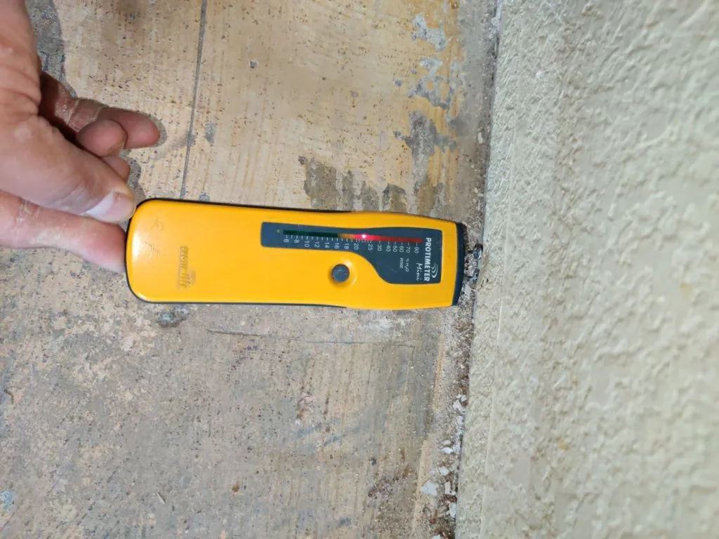 Moisture Meter Inspection Wall Floor Base Testing Exposed Studs from Hemet apartment fire smoke damage restoration documentation - photo 135 of 180