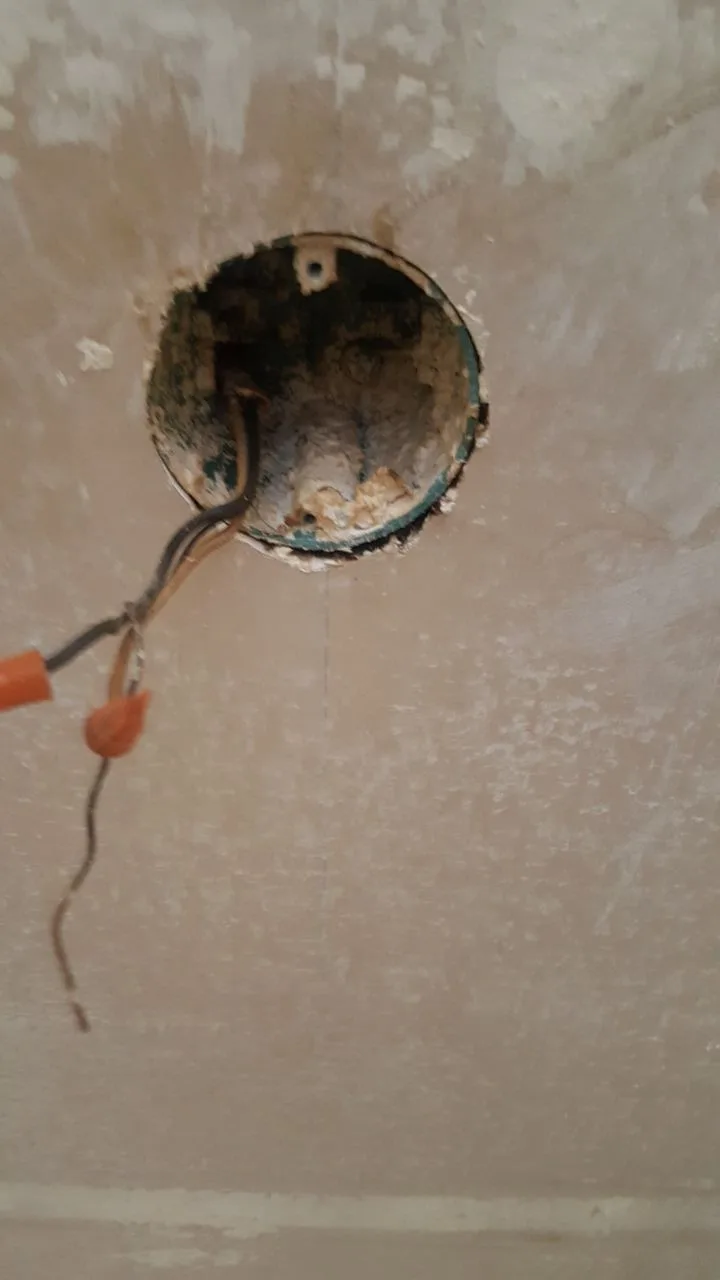 Ceiling Electrical Damage Light Box Wiring Soot Staining from Hemet apartment fire smoke damage restoration documentation - photo 179 of 180