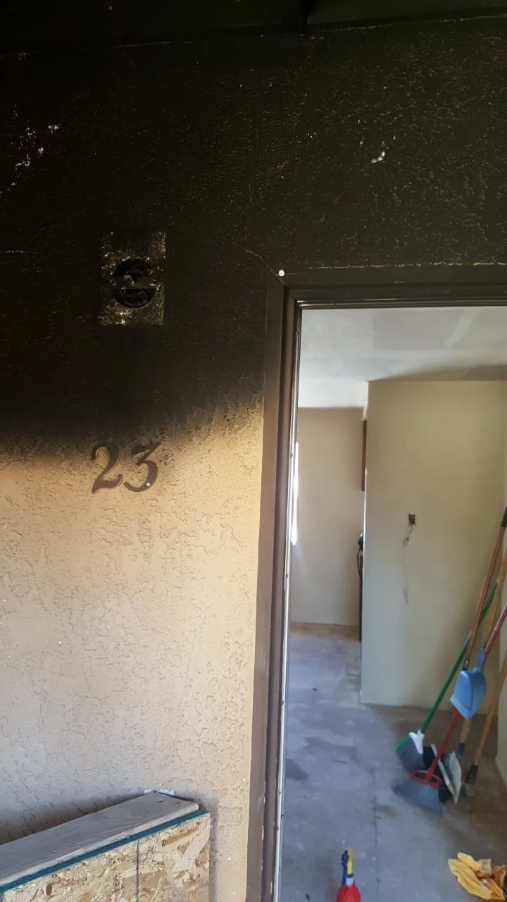 Light Box Wiring Soot Staining from Hemet apartment fire smoke damage restoration documentation - photo 58 of 180