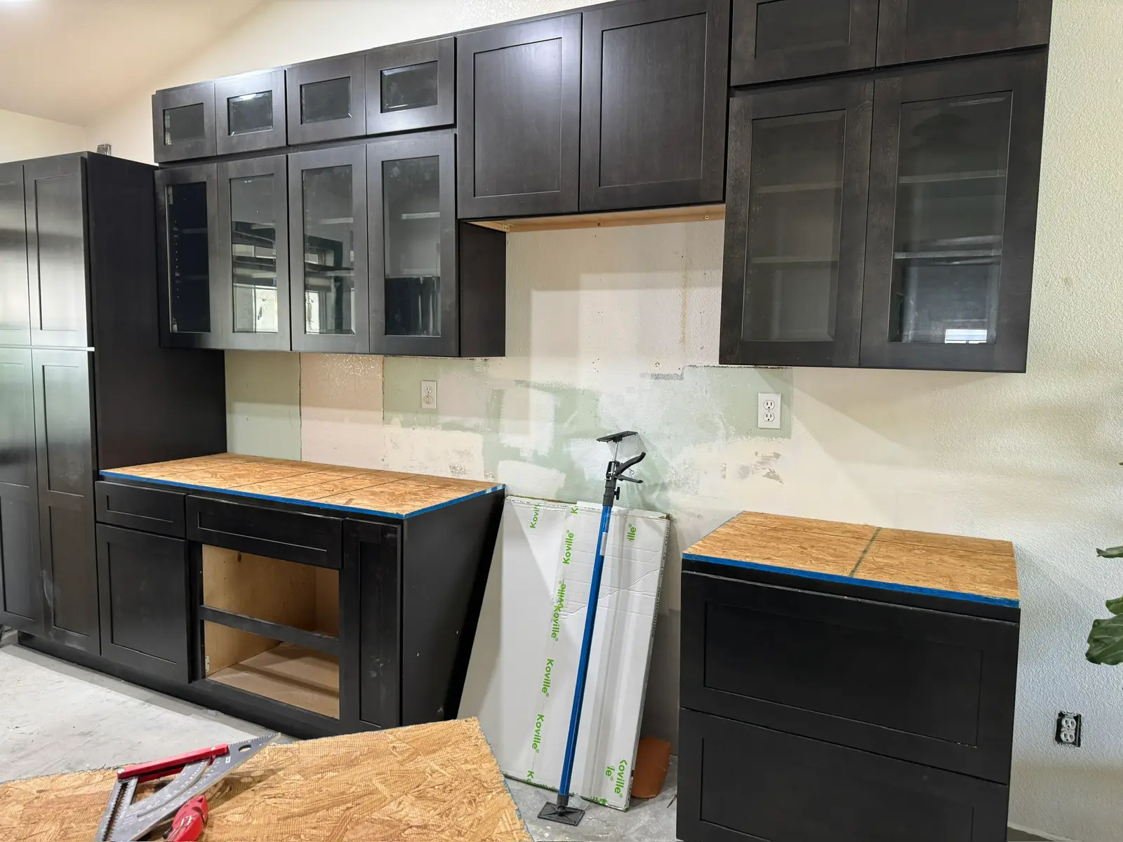 Kitchen repair progress after refrigerator leak 073 during Menifee water damage restoration project by PL Builders