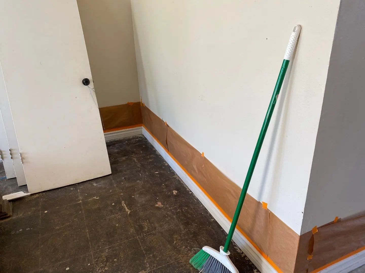 San Jacinto slab leak repair by PL Builders showing wall and baseboard protection before paint and finish repair