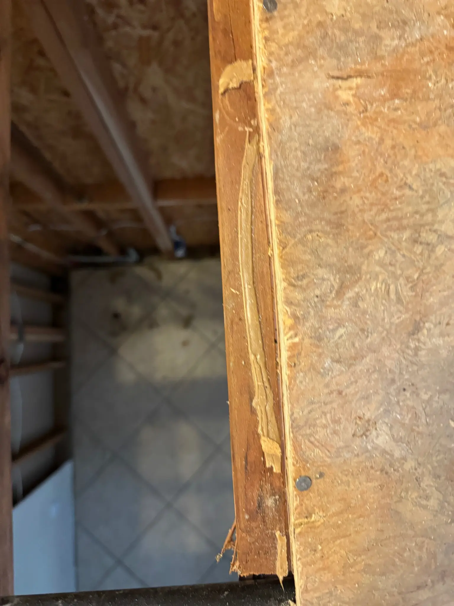Opened subfloor and tile edge at bathroom drain repair during Temecula water damage restoration project by PL Builders