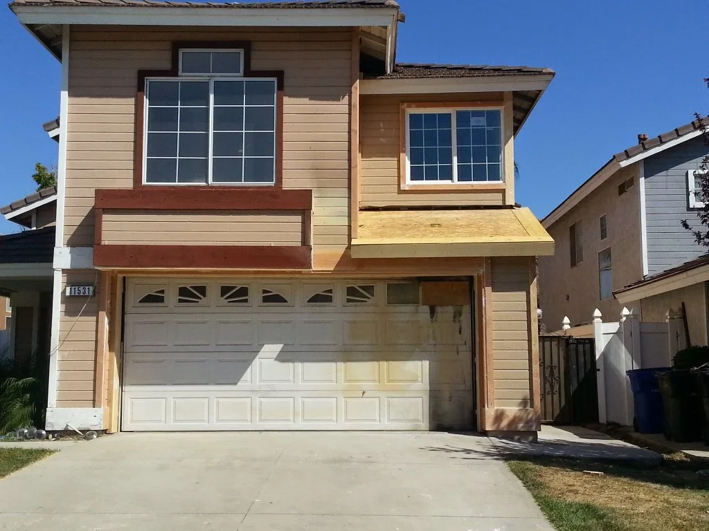 Fontana fire damage restoration project by PL Builders showing Garage and Exterior Fire Damage - Fontana, CA